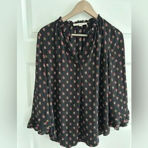 Loft Floral Ruffle Blouse Black Pink Size S